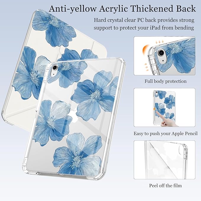 Cute Blue Flower for iPad (A16) 11th/10th Generation Case 11 Inch/10.9 Inch 2025/2022 with Pencil Holder Auto Sleep/Wake White Leather Acrylic Back Detachable Cover
