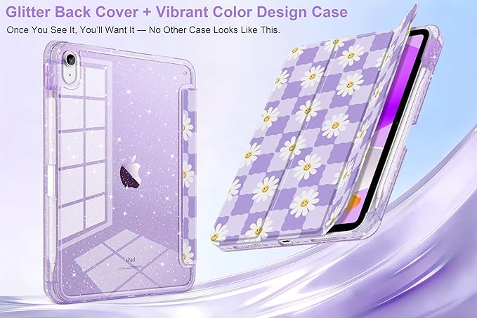 MEEgoodo Case for iPad A16 11th Generation 2025/10th Generation 2022 Glitter Tablet Cases with Transparent Acrylic Back+Trifold Stand +Pencil Holder+Auto Wake/SleepCool Flower &amp Purple Checkerbo