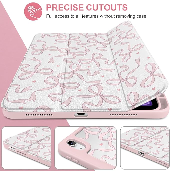 TWOLSKOO Case for iPad Air 11-inch (M4 2026 / M3 2025 / M2 2024) Clear Acrylic Back with TPU Bumper Pencil Holder Trifold Stand Auto Sleep/Wake Pink Bows