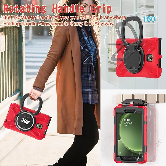 Rugged Case for Samsung Galaxy Tab Active5 5G (SM-X306B/X300) w/ 360° Rotating Hanging Ring Handle Grip Kickstand Heavy Duty Shock-Proof Armor Cover w/Shoulder Strap Stylus Holder (Red)