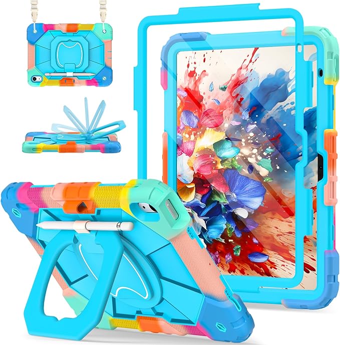 Case for iPad (A16) 11th Generation 11 Inch (2025) iPad 10th Generation Case 10.9 Inch (2022) Shockproof Cover with 360° Rotating Stand Screen Protector Pen Holder Shoulder StrapRainbowBlue