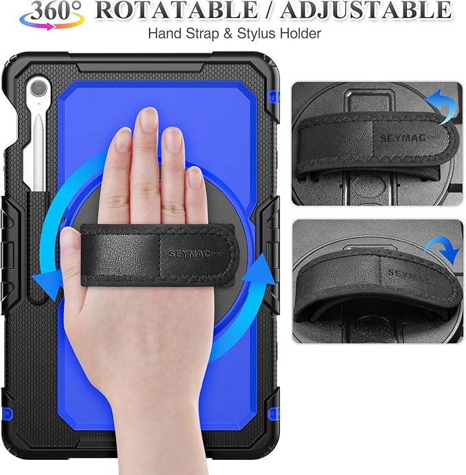 SEYMAC stock Case for Samsung Galaxy Tab S10 FE+ Plus 5G Tablet Case 13.1'' Protective with Screen Protector Pen Holder 360 Rotate Stand Hand Strap Shoulder Strap Blue1