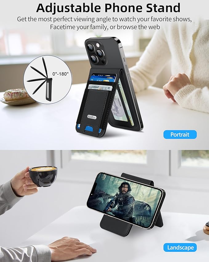 For Magsafe Wallet Stand Strongest Magnetic Wallet for iPhone 17/16/15/14/13 Series for iPhone Walle t with Adjustable Stand ID Window 4 Card Slot Hold 10 Card VeganLeather RFID Blocking Black