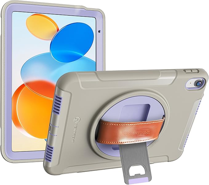 Original Rugged Case for iPad 11 (A16) 11-inch (2025) &amp 10th Gen 10.9-inch (2022) | 360° Rotating Kickstand Genuine Leather Hand Strap Built-in Screen Protector (Purple Grey)