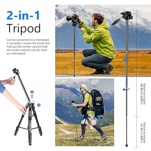 NEEWER Portable Aluminum Alloy Camera 2 in 1 Tripod Monopod Max. 70/177cm with 3 Way Swivel Pan Head and Carrying Bag for DSLR DV Video Camcorder (SAB264 Black)
