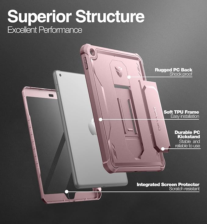 Dexnor for iPad 9.7 Inch 6th /5th Generation(2018/2017) [Built in Screen Protector &amp Kickstand] with Pen Holder Heavy Duty Shockproof Full Body Protective Cover for iPad 6th Generation Case-Pink