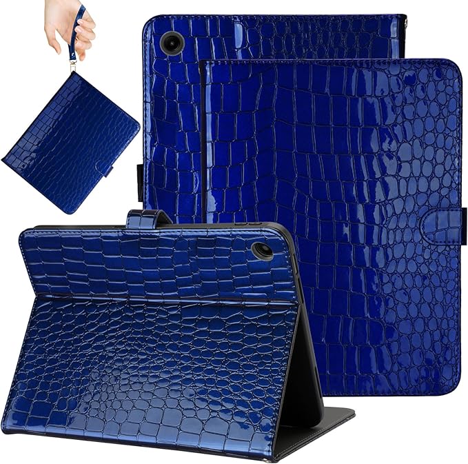 Elegant Case for Samsung Galaxy Tab A9 Plus 11 Inch 2023（Model: SM-X210/X216/X218） Premium Leather Crocodile Cover | Stand | Card Pockets| Wrist Strap| S Pen Holder (Sapphire Blue)