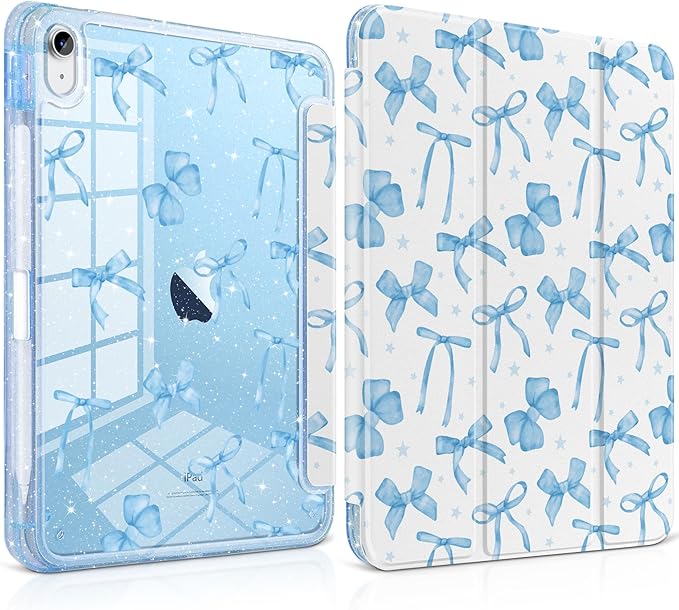 TWOLSKOO Sparkly Case for iPad Pro 11 inch (M5 2025 / M4 2024) Glitter Hard Acrylic Back with Pencil Holder Slim Trifold Stand Folio Cover Auto Sleep/Wake Blue Bows