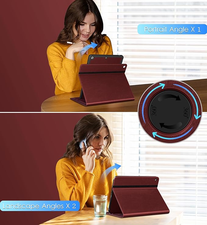 DTTO Rotating Case for iPad 9th/8th/7th Generation 10.2 Inch 2021/2020/2019 360 Degree Swiveling Premium Leather Folio Stand Cover with Pencil Holder - Auto Wake/Sleep and Hand Strap Burgundy Red