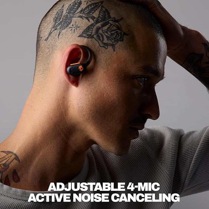 Skullcandy Push ANC Active Wireless Earbuds Bluetooth Headphones Noise Cancelling 58 Hours Battery Secure-Fit Over-Ear Hanger Sweat and Waterproof Microphone for iPhone Android - Black/Orange
