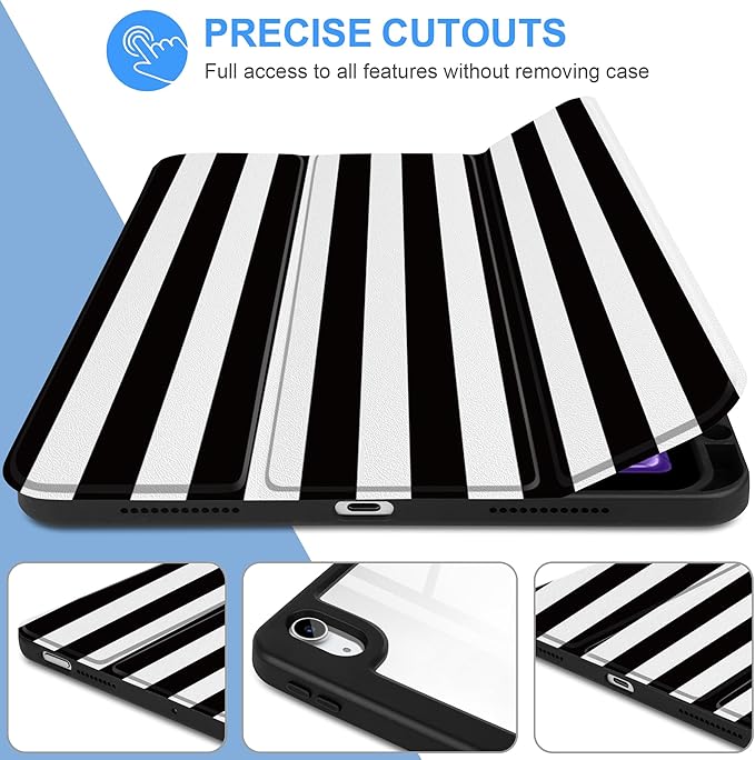 DONGKE Case for iPad Air 11-inch M4 2026 &amp M3 2025 &amp M2 2024 iPad Air 5th/4th Generation 10.9 2022/2020 [Built-in Pencil Holder] Clear Acrylic Back Trifold Stand Smart Cover Black Stripes