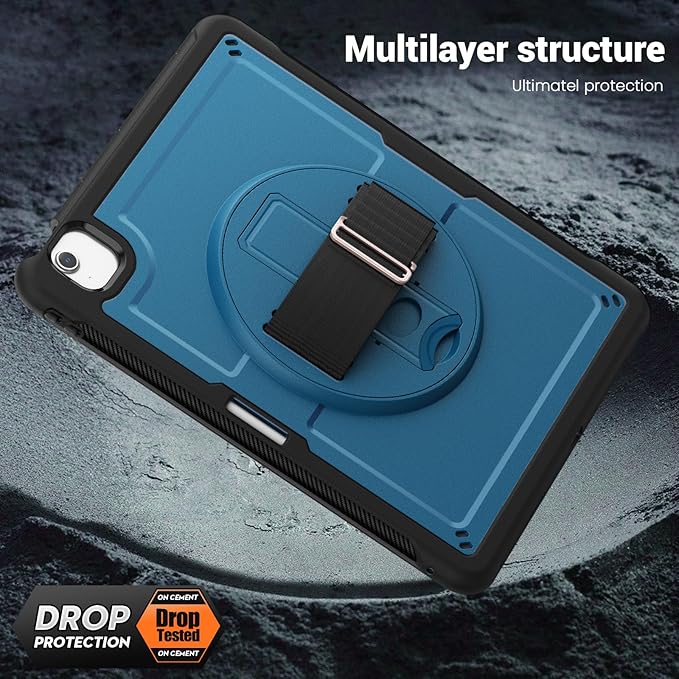 Batianda Case for iPad Air 13-inch 2025 M3 2024 M2 Chip Multilayered Rugged Durable Shockproof Tablet Cover with 360° Rotating Hand Strap Foldable Hidden Stand Navy Blue