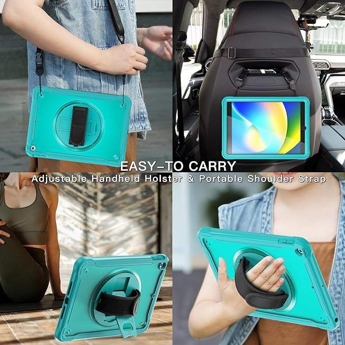BRAECNstock for iPad 9th/ 8th/ 7th Generation Case 10.2 2021/2020/2019Shockproof Cover with 360° Rotating Hand Strap/StandScreen ProtectorCarrying Shoulder StrapPencil Holder(Light Blue)