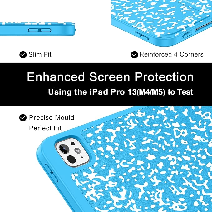 Soke Case for New iPad Pro 13 Inch (M5/M4 2025/2024 Release) with Pencil Holder Trifold Stand Shockproof [Support Apple Pencil Charging + Auto Wake/Sleep] Soft TPU Back Cover Book Blue