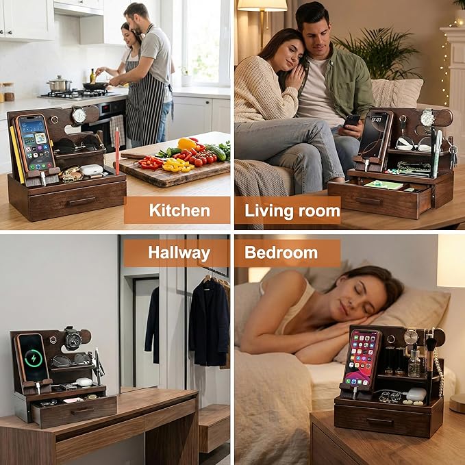 TESLYAR Wood Phone Docking Station with Drawer - Nightstand Organizer - Desk Organizer for Husband - Birthday Gifts for Men Dad Anniversary Key Holder Stand Watch Accessories (Chocolate Brown)