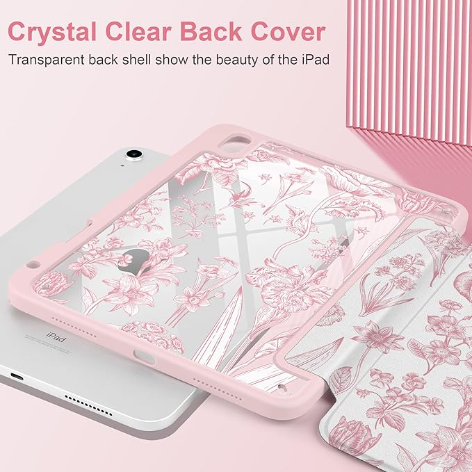DONGKE Case for iPad (A16) 11th Generation 11 inch 2025 &amp iPad 10th Gen 10.9 inch 2022 [Built-in Pencil Holder] Clear Acrylic Back Trifold Stand Smart Cover Auto Sleep/Wake Pink Florals