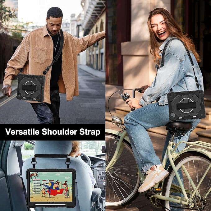 Case for iPad Air 11 Inch (M2) 2024 6th Generation Shockproof Protective With 360 Rotate Kickstand Hand Strap Shoulder Strap Black
