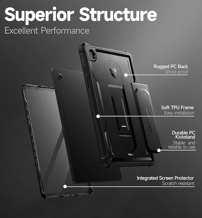 Dexnor Case for Samsung Galaxy Tab A8 10.5 Inch 2022 [Built in Screen Protector &amp Kickstand] Heavy Duty Shockproof Full Body Protective Cover for Galaxy Tab A8 Case-Black