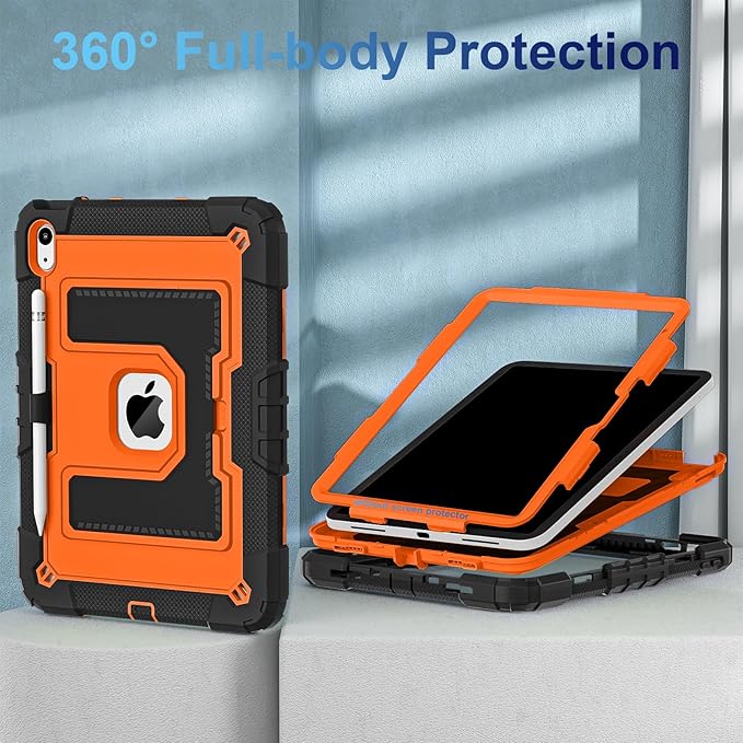 WESOROL Case for iPad A16 11th/10th Generation 2025/2022 with Pencil Holder Shoulder Strap iPad Case 10th Generation Shockproof Cover for iPad 11th/10th Gen CasesBlack Orange