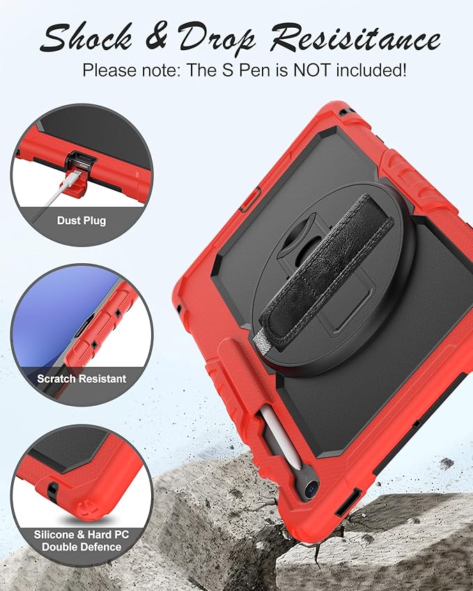 Case for Samsung Galaxy Tab S10 FE Plus 5G Tablet 13.1'' Shockproof Protective Cover with Tempered Glass Screen Protector Rotatable Kickstand S Pen Holder Hand/Shoulder Strap Red