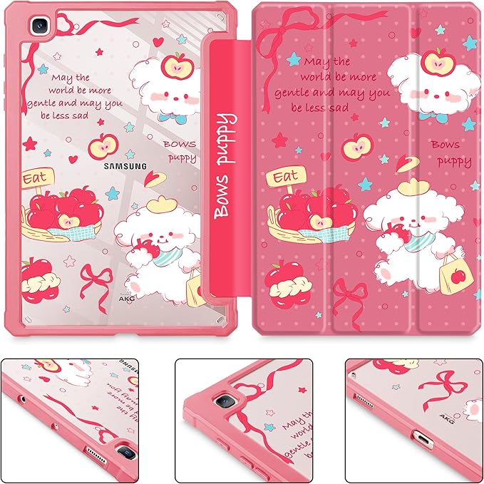 Mektron Case for Samsung Galaxy Tab S6 Lite 10.4 Inch 2024/2022/2020 with S Pen Holder Multi-Angle Viewing with Shockproof Cover Clear Shell + Trifold Stand + Auto Wake/Sleep Cute Puppy-Red