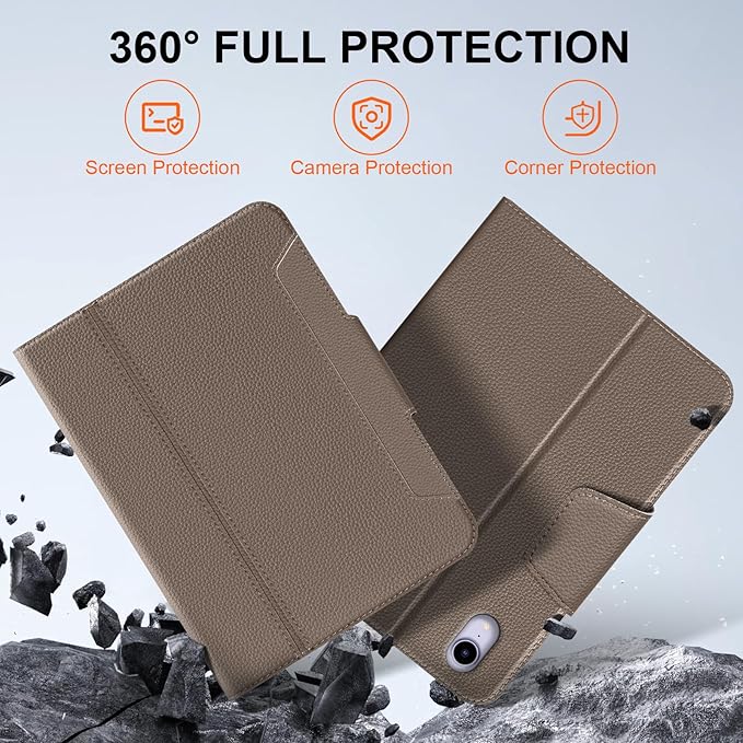 for iPad mini 7 (A17 Pro) 2024 iPad mini 6th Generation 2021 with Pencil HolderSmart Leather Cover with Buckle Protective Auto Wake/Sleep Adjustable Stand Multiple View AnglesGray Brown