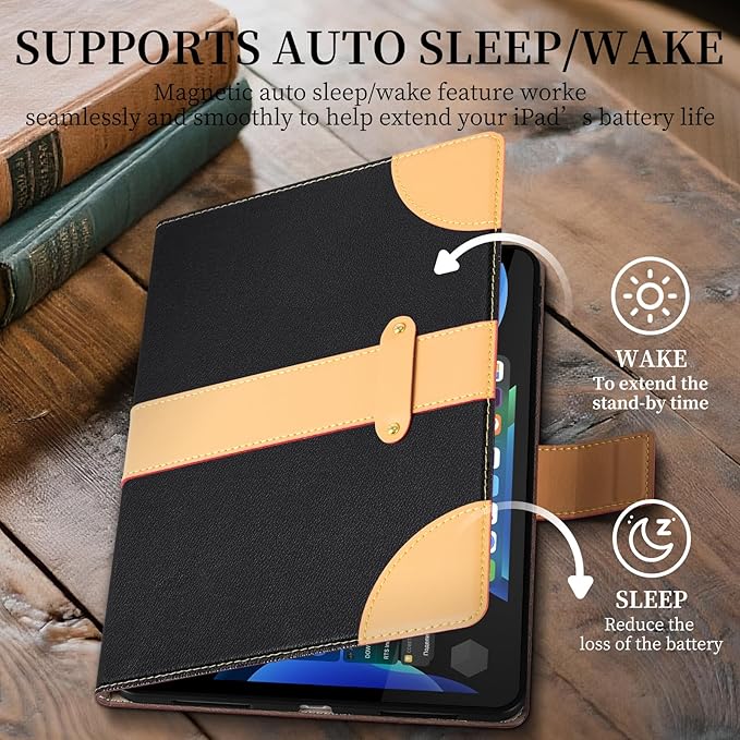 for iPad Air 11 Inch M3 M2 iPad Air 10.9 Inch Case 5th 4th GenLeather Folio Cover with Auto Wake/Sleep Adjustable StandMagnetic Buckle Closure Protection Case-Single Strap Black