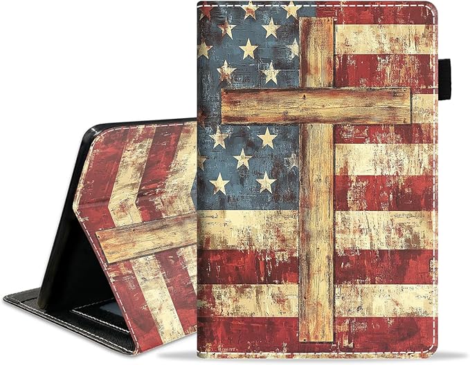 Case for Amazon Fire HD 10/HD 10 Plus Tablet 10.1 (13th/11th Generation 2023/2021 Release) Slim PU Leather Cover with Card Slot &amp Auto Wake/Sleep American Flag Cross