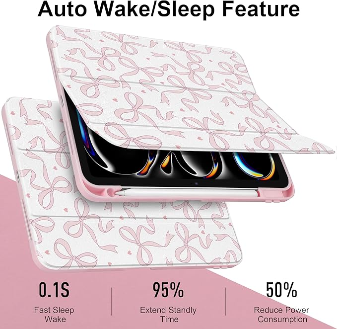 TWOLSKOO Case for iPad Pro 11-inch (M5 2025 / M4 2024) Clear Acrylic Back with TPU Bumper Pencil Holder Trifold Stand Auto Sleep/Wake Pink Bows
