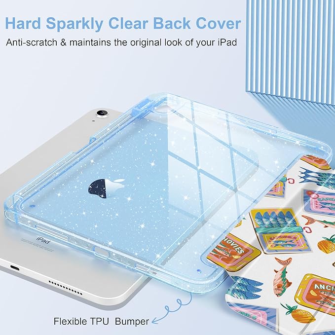MEEgoodo Case for iPad A16 11th Generation 2025/10th Generation 2022 Glitter Tablet Cases with Transparent Acrylic Back+Trifold Stand +Pencil Holder+Auto Wake/SleepColorful Sardines Fish