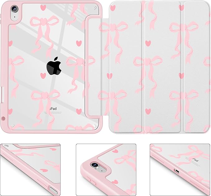 Case for iPad 11 inch A16 2025 Generation 11th / iPad 10.9 inch 2022 10th Gen Buit in Pencil Holder with Shockproof Cover Clear Transparent Back Shell Auto Wake/Sleep Trendy Bow