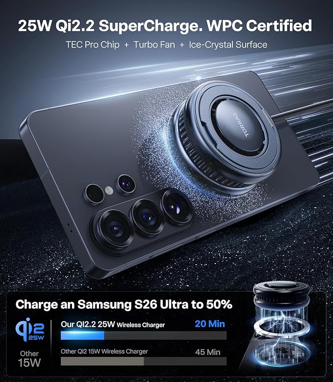 TORRAS PolarCircle Qi2.2 Wireless Charger 25W Cooling Magnetic Pad for Samsung Galaxy S26/S25 Wireless Charger for iPhone 17/16 with 360°Spin Stand Semiconductor Phone Cooler with 45W IceNano Plug