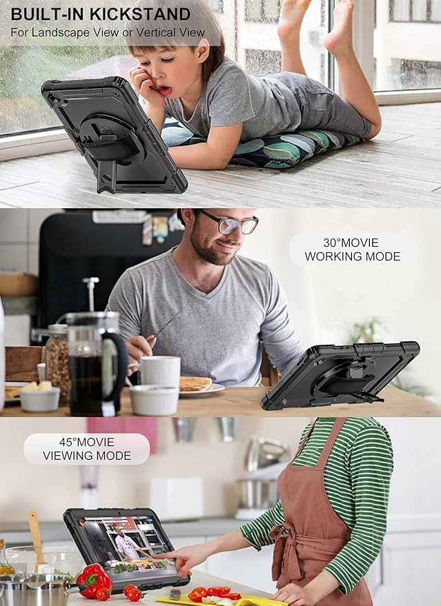 Case for Samsung Galaxy Tab S6 Lite Tablet Case 10.4 inch 2024/2022/2020 [with Tempered Glass Screen Protector] Rotatable Kickstand S Pen Holder Hand/Shoulder Strap (Black)