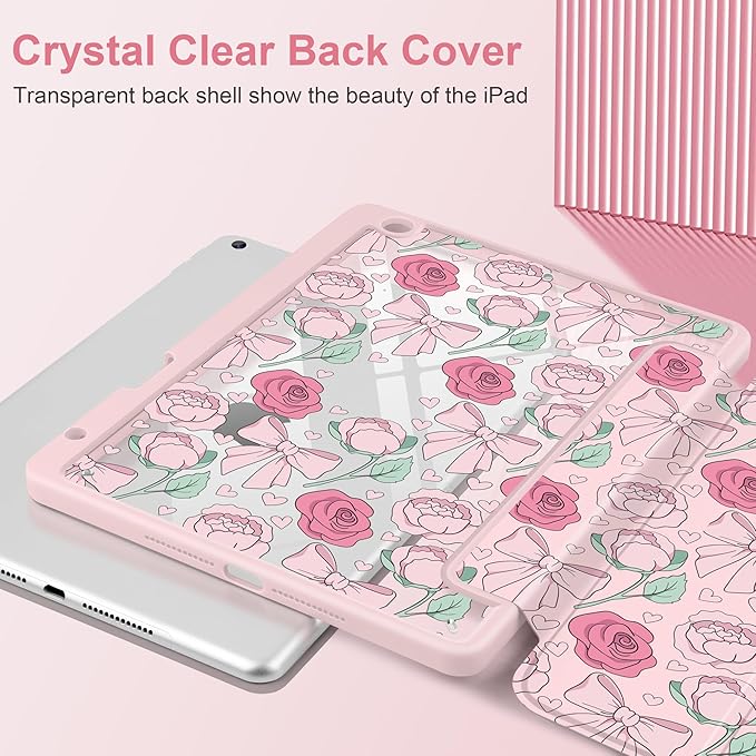 MEEgoodo Case for iPad 10.2 inchTablet Cases for iPad 9th Generation 2021/8th Gen 2020/7th Gen 2019 with Clear Acrylic Back Shell+Pencil Holder+Auto Wake/Sleep+Trifold Stand Pink Peony &amp Bow