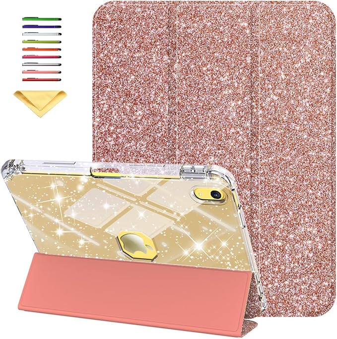 Case for iPad A16 11th Generation 11 inch 2025 &amp iPad 10th Generation 10.9 inch 2022 with Stand/Pencil Holder [Auto Wake/Sleep] Glitter Bling PU Leather &amp Clear Soft TPU Back Shell Rosegold