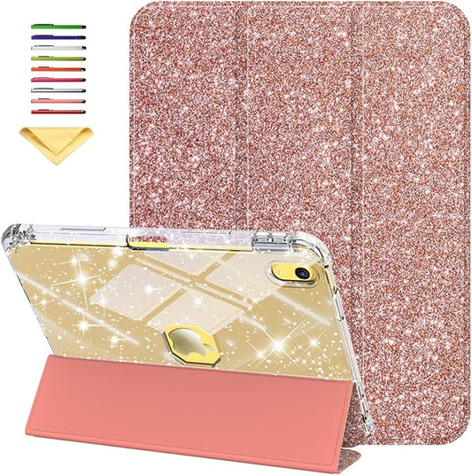 Case for iPad A16 11th Generation 11 inch 2025 &amp iPad 10th Generation 10.9 inch 2022 with Stand/Pencil Holder [Auto Wake/Sleep] Glitter Bling PU Leather &amp Clear Soft TPU Back Shell Rosegold