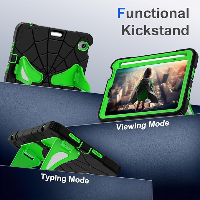 Kids Case for iPad mini 7 A17 Pro 2024/ Mini 6 8.3 inch Spider Case for iPad mini 7th 6th Generation Shockproof Durable Full Protective Cover with Pencil Holder Kickstand (Black+Green)