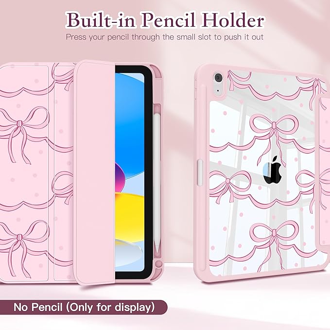 CISSOOK Case for iPad (A16) 11 inch (2025)iPad 10th Generation 10.9 inch (2022) with Pencil Holder Auto Wake/Sleep Premium Stand Case with Crystal Clear Hard Back TPU Shell Pink Bow