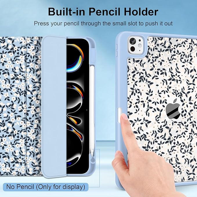MecBevia Case for iPad Pro 11 inch M5 2025 / M4 2024 (6th/5th Gen) A3357 A3358 A3359 A2836 A2837 A3006 – Built-in Pencil Holder &amp Auto Wake/Sleep Vintage Ditsy Floral