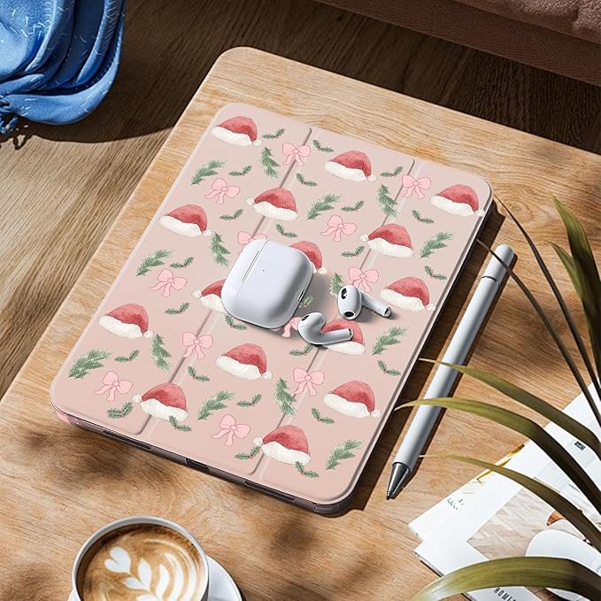 MAYCARI Cute Bow Christmas Hat Case for Ipad 5Th Stylish Xmas Tree Leaves Cover for Ipad Auto Sleep/Wake Anti-Slip Shockproof Leather Soft TPU Back Case with Pencil Holder(Girls Women Kids)