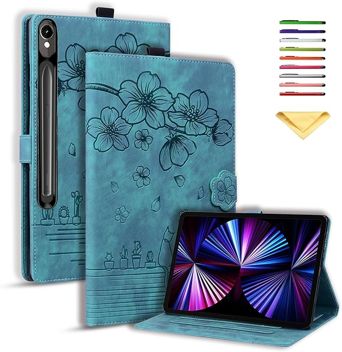 Case for Samsung Galaxy Tab S10 FE+/S10 FE Plus 13.1 Inch 2025 (SM-X620/SM-X626B) with Pencil Holder/Pockets Folio Stand Embossed Cherry Blossom PU Leather Magnetic Wallet Cover Green Cat