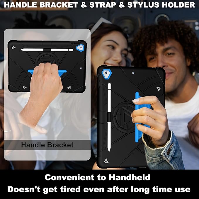Case for iPad 9th/8th/7th Generation 10.2 inch Heavy Shockproof Cover with Screen Protector/180° Rotating Handle/Bracket/Pen Holder/Shoulder Strap Kids Case for 2021/2020/2019 (D-Black+Blue)