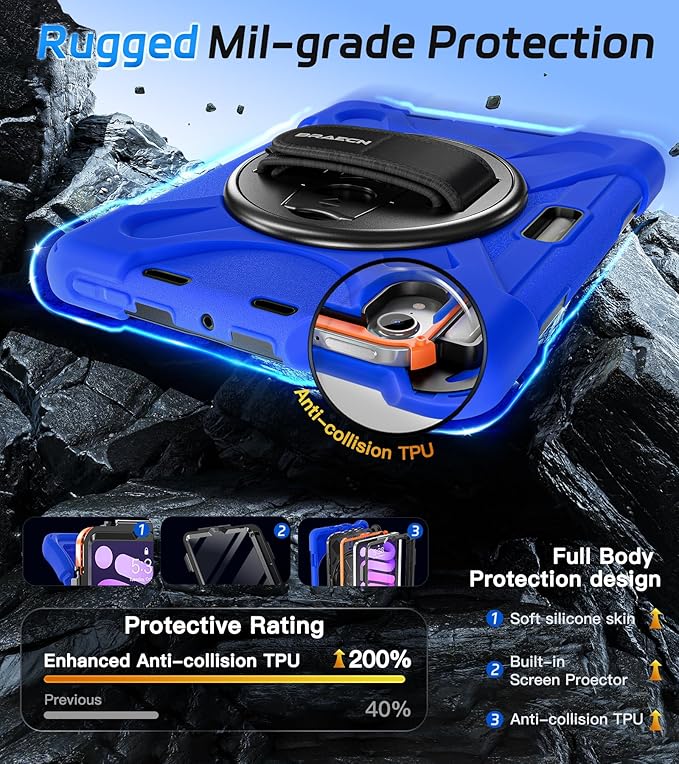 BRAECNstock Case for Apple iPad mini 7 (A17 Pro) 2024/ Mini 6 8.3 with Screen Protector Pencil Holder [360 Rotating Hand Strap] &ampStand Shockproof Protective iPad mini 7th/6th Gen Kids Case Bl