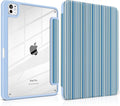 TWOLSKOO Case for iPad Pro 11-inch (M5 2025 / M4 2024) Clear Acrylic Back with TPU Bumper Pencil Holder Trifold Stand Auto Sleep/Wake Blue Stripes