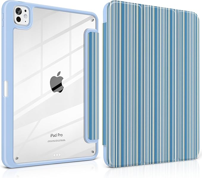 TWOLSKOO Case for iPad Pro 11-inch (M5 2025 / M4 2024) Clear Acrylic Back with TPU Bumper Pencil Holder Trifold Stand Auto Sleep/Wake Blue Stripes