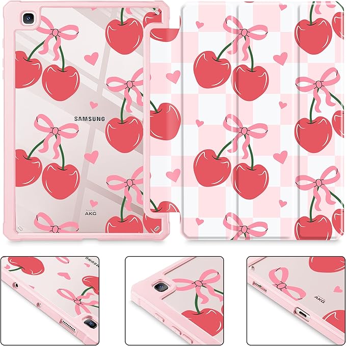 Mektron Case for Samsung Galaxy Tab S6 Lite 10.4 Inch 2024/2022/2020 with S Pen Holder Multi-Angle Viewing with Shockproof Cover Clear Shell + Trifold Stand + Auto Wake/Sleep Cherries Bows C353