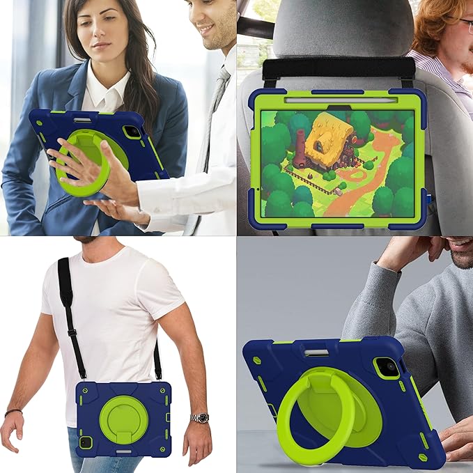 Case for iPad Air 11 inch Case M3 2025/ M2 2024 (Air 7th/6th Generation) Heavy Duty Shockproof Cover with Screen Protector 360° Rotating Stand Pencil Holder Shoulder Strap (Navy+Green)