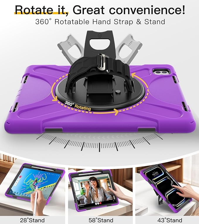 BRAECN for iPad Pro 13 inch Case M5 2025 &amp M4 2024 Heavy Duty Shockproof Protective with Pencil Holder Screen Protector 360°Rotating Stand Handle &amp Shoulder Strap Full Body Cover Kids Friendly