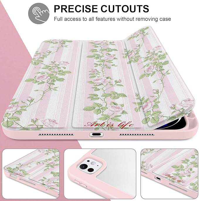 TWOLSKOO Case for iPad Pro 11-inch (M5 2025 / M4 2024) Clear Acrylic Back with TPU Bumper Pencil Holder Trifold Stand Auto Sleep/Wake Rose Vine