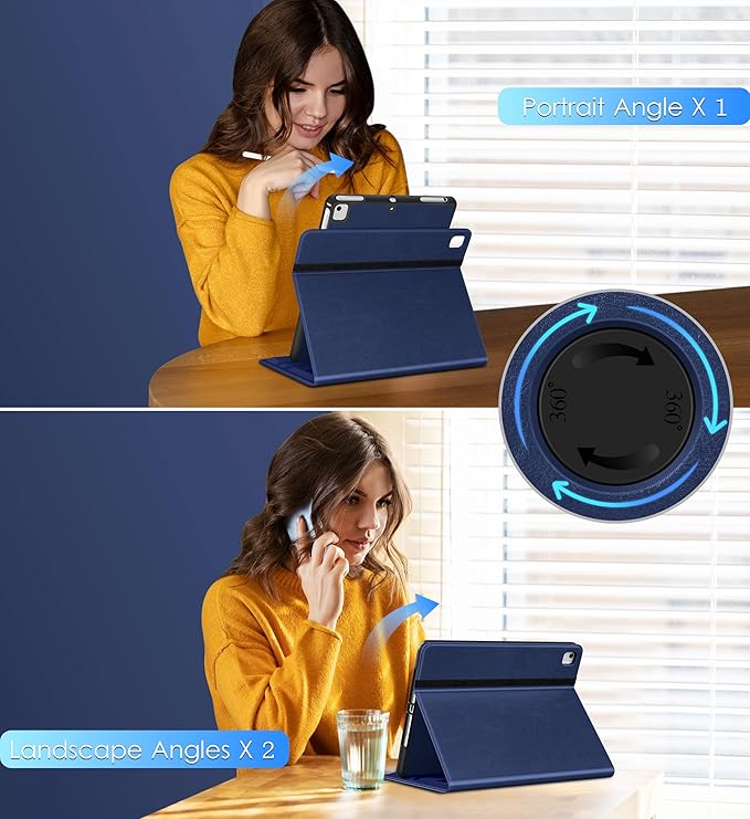 DTTO Rotating Case for iPad 6th / 5th Generation 9.7 Inch 2018/2017 iPad Air 2 / Air 1 Case 360 Degree Swiveling Premium Leather Folio Stand Cover with Pencil Holder - Auto Wake/Sleep Navy Blue